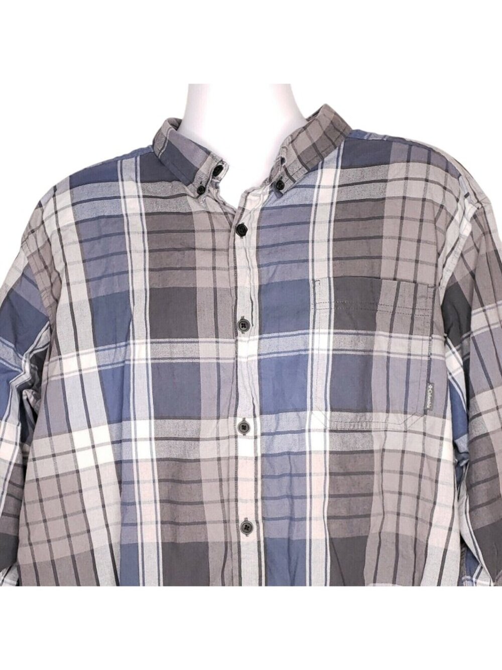 Columbia Mens XXL Plaid Button-Down Shirt Blue & Gray Cotton Blend Casual Hiking